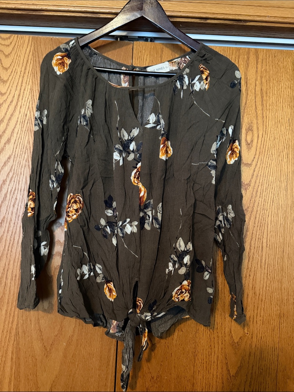 Olive Floral Tie-Front Blouse with Rose Accent